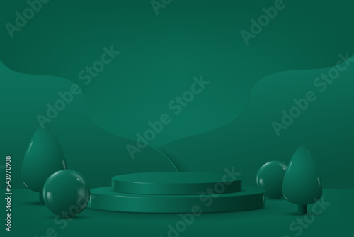 Marry Christmas and Happy New Year greeting card. Stand, podium, pedestal for goods.  Poster, banner with  3d trees, and balls. The stage for the showcase. Scene for mockup product display.3d podium.