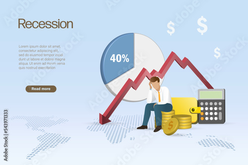 Recession, portfolio investment asset value loss. Frustrated businessman with falling graph and value of portfolio loss. Failure in stock market investment due to recession crisis.