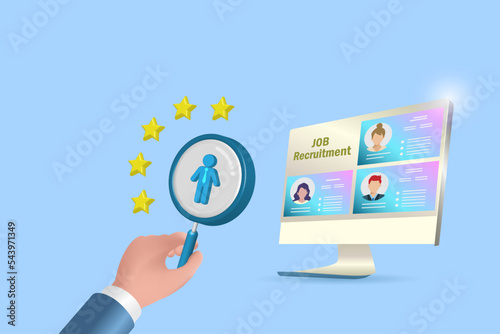 Online recruitment, we are hiring concept. Businessman hand hold magnifying glass searching for qualified person from candidate application to put on vacancy position. Human resources management. 