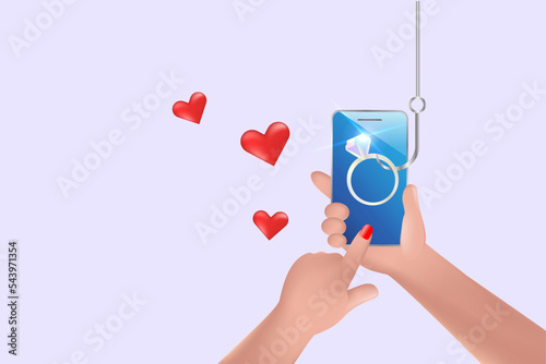 Phishing scam, romance scam, online fraud dating. Woman hand hold smartphone with diamond ring on for marriage proposal with phishing hook. Cyber crime and attack on woman.
