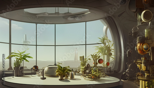 futuristic kitchen, sci-fi room looking out to an alien landscape, 3d rendering
