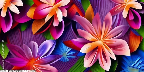 3d wallpaper flowers, 3d rendering, abstract wide panoramic floral background. Floral wallpaper with colorful paper flowers.