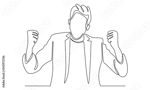 continuous line of happy businessman standing with both hands do gesture yes