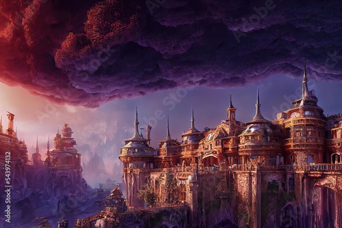 A sprawling vast fantasy tiered multilevel Tanzanite geode steampunk fortress 