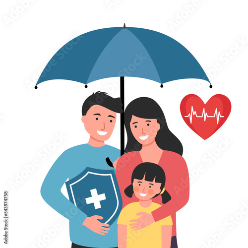 Umbrella shield of family insurance about care, safety, security and protection. Life or health insurance concept.