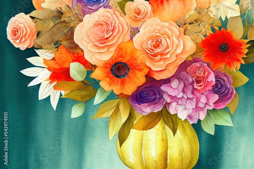 Watercolor floral autumn bouquet with pastel pumpkin and flowers in rustic style. Fall arrangement illustration, isolated.
