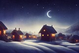 Carpathian mountain village in light of rising moon with wooden houses on a hill covered with fresh snow. Fantastic milky way in a starry sky. Christmas winter night.