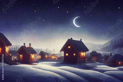 Carpathian mountain village in light of rising moon with wooden houses on a hill covered with fresh snow. Fantastic milky way in a starry sky. Christmas winter night. © 2rogan