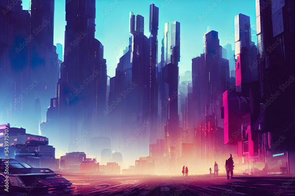 Cyberpunk city street. Sci-fi wallpaper. Futuristic city scene in a style  of pixel art. 80's wallpaper. Retro future 3D illustration. Urban scene.  Stock Illustration