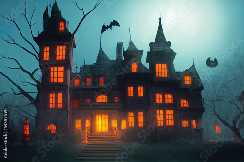 A computer 3D illustration of spooky halloween haunted mansion castle scene. A.I. generated art.