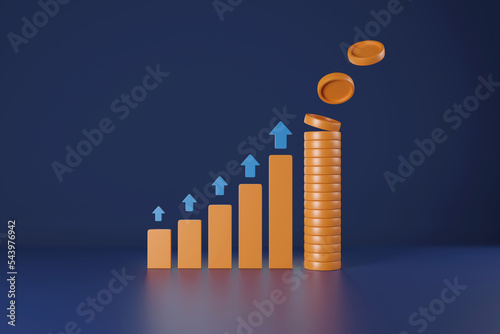 3d Growing graph and coin with arrow up on blue background, Business investment and financial concept, 3d rendering