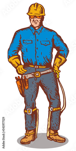 Illustration of a power lineman telephone repairman worker done in retro style.