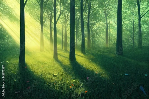 Photorealistic background morning in a beautiful magic forest with sunrays coming down through the trees. 3D rendering © 2rogan