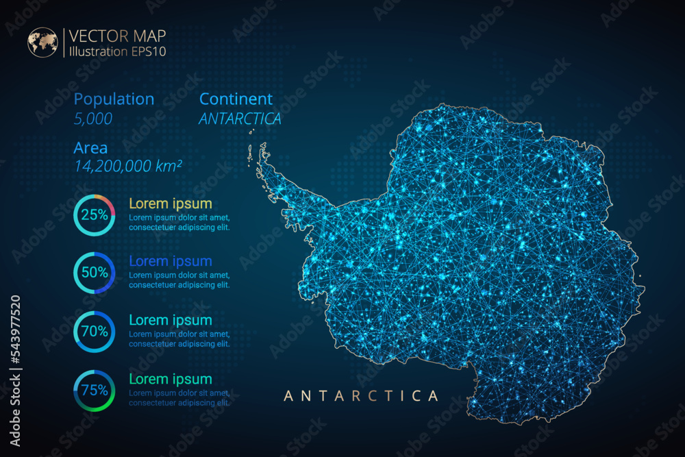 Antarctica Continent map infographics vector template with abstract geometric mesh polygonal light concept on blue background. Template for diagram, graph, presentation and chart	
