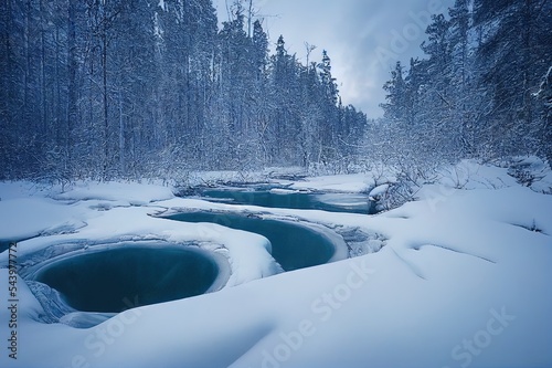 The whirlpool in Myllykoski scenic area at winter in Oulanka National Park, Kuusamo, Finland photo