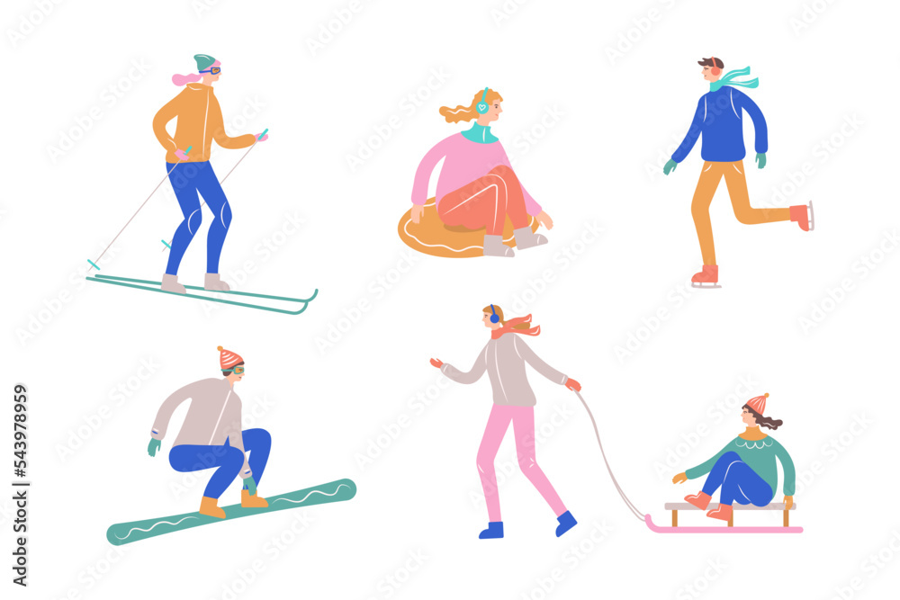 Set of illustrations people are engaged in winter sports
