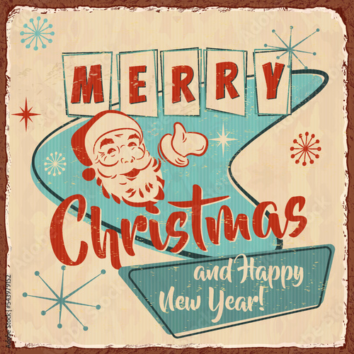 Vintage Christmas metal sign with Santa Claus.Retro poster 1950s style.
