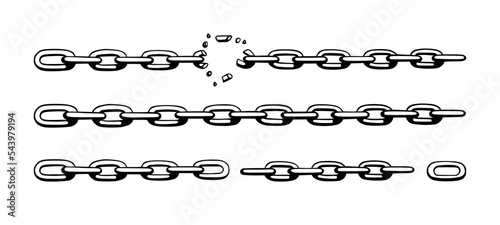 Broken chain with shatters as symbol of strength and freedom. Sketch of metal chains. Vector illustration isolated in white background photo