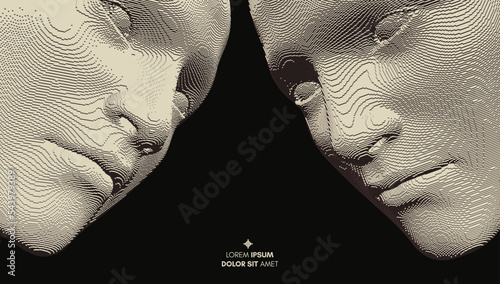 Two opponents facing each other. Conflict. People talk face to face. The concept of rivalry. Abstract digital human head. 3d vector illustration for banner, poster, cover or brochure.