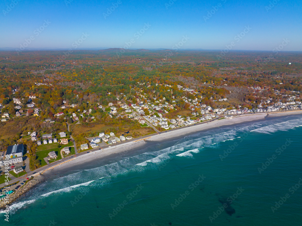 Long Sands Beach aerial view in fall in village of York Beach in town of York, Maine ME, USA. 