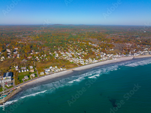 Long Sands Beach aerial view in fall in village of York Beach in town of York, Maine ME, USA. 