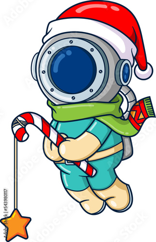 The diver is holding a candy cane and twine the star on it