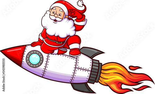 The happy santa is traveling with the rocket around the space