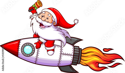 The happy santa claus is flying with the rocket and ringing the bell in the space