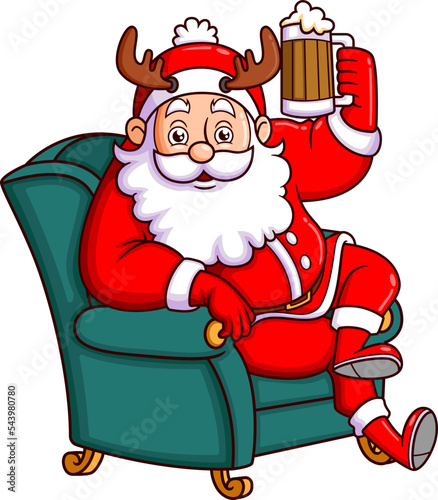 The santa claus is enjoying the movie and drinking the root beer