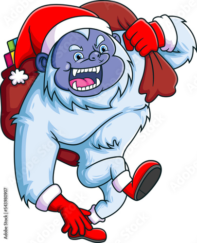 The big yeti is running so fast and holding the big sack of christmas present