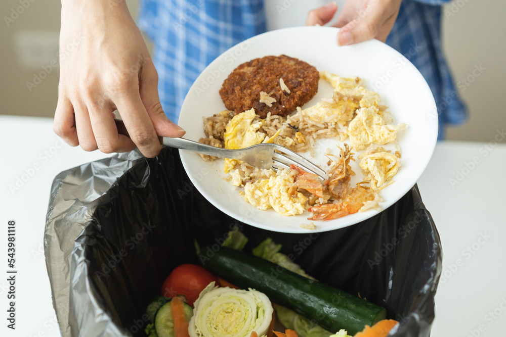 Compost from leftover food, refuse asian young housekeeper woman, girl