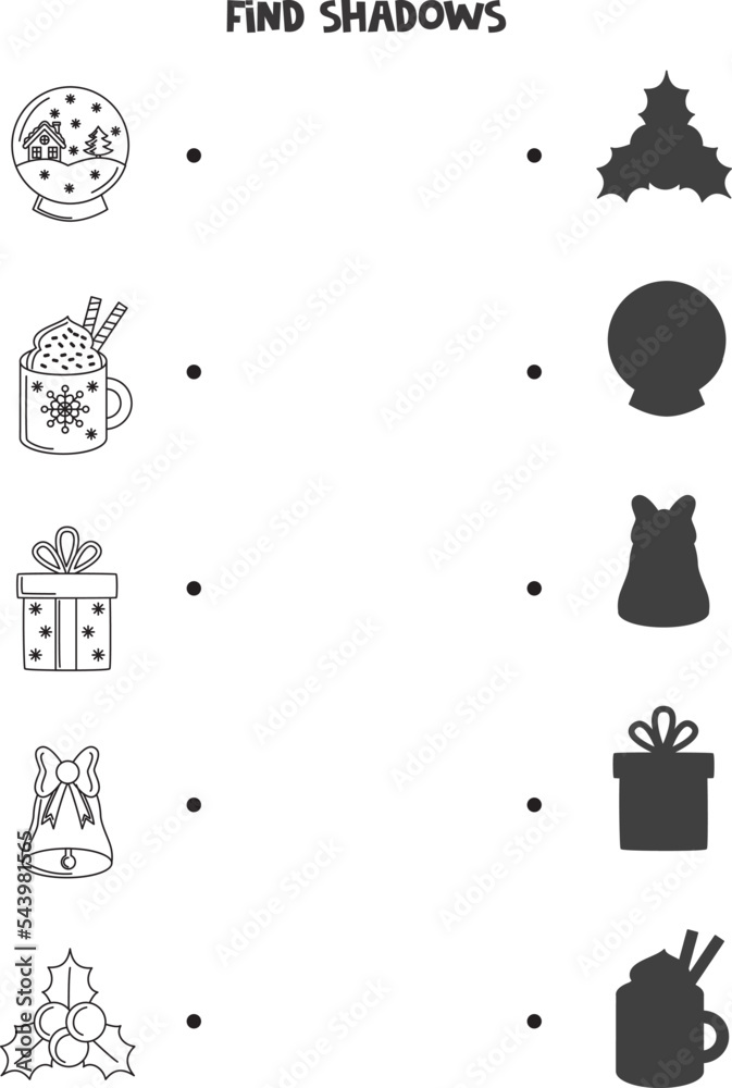 Find the correct shadows of black and white winter accessories. Logical puzzle for kids. Find the correct shadows of black and white winter accessories. Logical puzzle for kids.