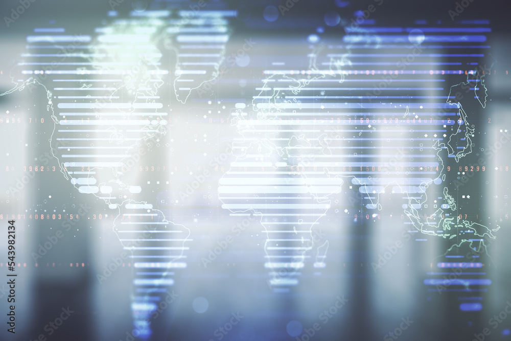 Abstract creative world map interface on empty corporate office background, international trading concept. Multiexposure