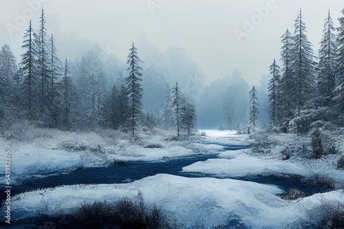 quiet river among snowbound forest, winter natural landscape © 2rogan