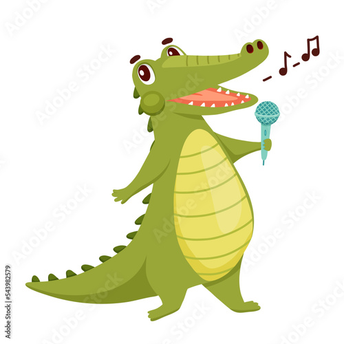 Cute Crocodile is singer. Funny Alligator with microphone isolated on white. Cartoon Vector Illustration Animal Character singing song