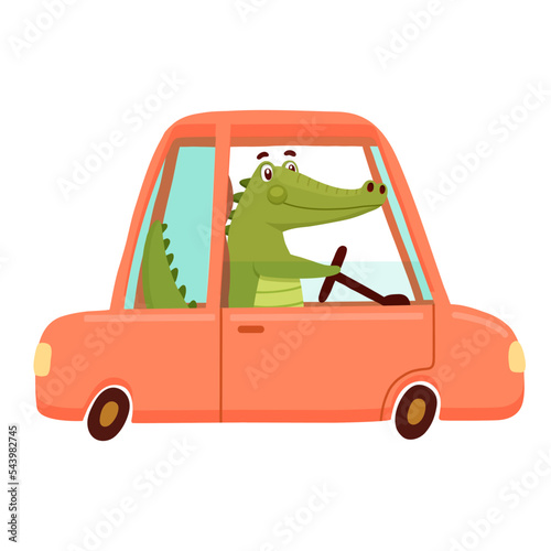 Cute Crocodile driving in red car. Funny Alligator isolated on white. Cartoon Vector Illustration Green Animal Character