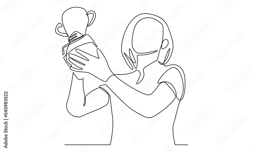 Continuous line of woman holding golden trophy