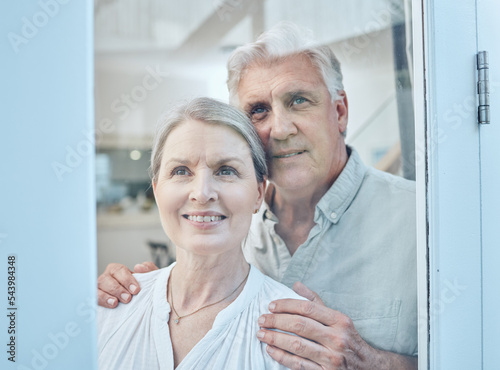 Senior couple, retirement future and window vision for thinking, love and care in Australia home. Happy, elderly and old people, woman and man in house, hope and lifestyle, dream and opportunity idea © Delcio F/peopleimages.com