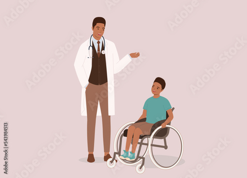 Black Male Doctor In Medical Scrubs And Stethoscope Talking With A Young Boy Patient With Wheelchair. Full Length. Flat Design Style, Character, Cartoon.