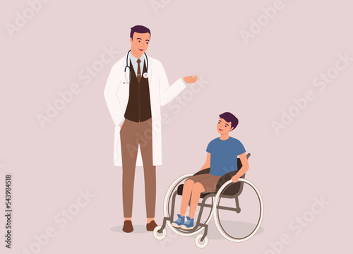 Male Doctor In Medical Scrubs And Stethoscope Talking With A Young Boy Patient With Wheelchair. Full Length. Flat Design Style, Character, Cartoon.
