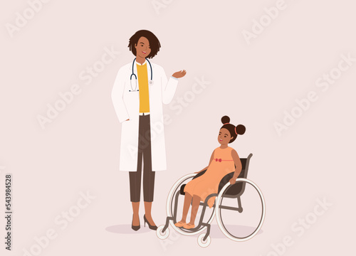 Black Female Doctor In Medical Scrubs And Stethoscope Talking With A Young Girl Patient With Wheelchair. Full Length. Flat Design Style, Character, Cartoon.