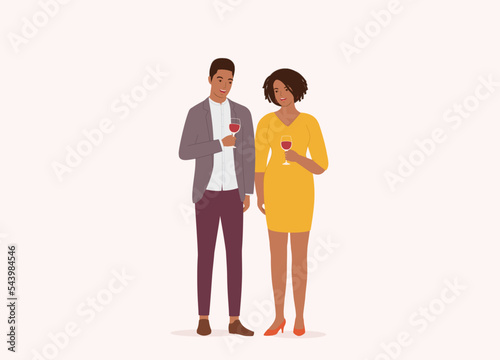Smiling Young Black Couple With Formal Wear Having Evening Drink. Full Length. Flat Design Style, Character, Cartoon.