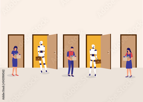 Concept Of Automation Job Loss. Jobless Employees With Belonging Walking Out From Workplace’s Door Due To Their Job Being Replaced By Artificial Intelligence (AI). Full Length. Flat Design Style.