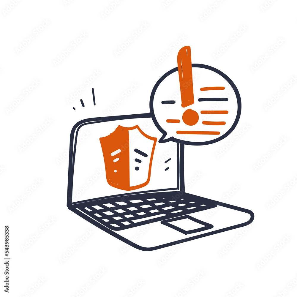 hand drawing doodle laptop with shield and exclamation point vector