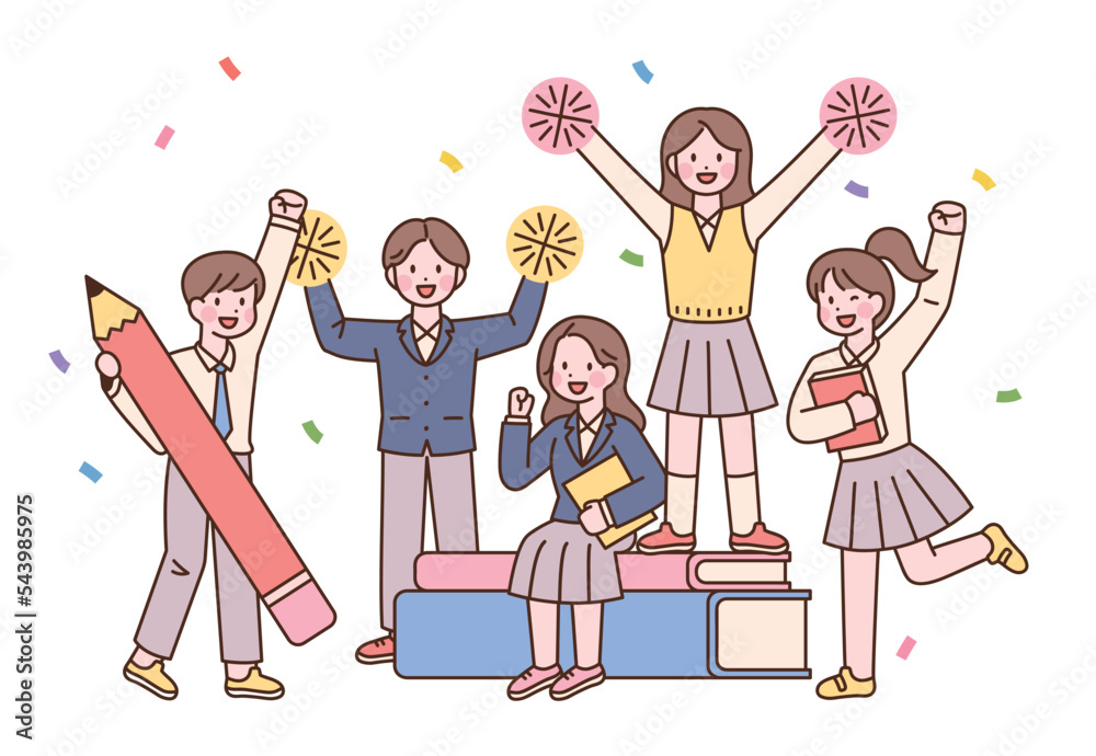 Cute Students In School Uniforms Are Cheering On The Big Books And cute-students-in-school-uniforms-are-cheering-on-the-big-books-and