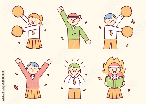 Cute students in school uniforms are cheering happily. outline simple vector illustration.