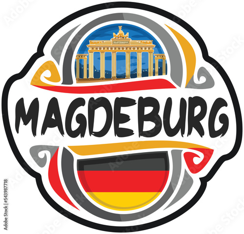 Magdeburg Germany Flag Travel Souvenir Sticker Skyline Landmark Logo Badge Stamp Seal Emblem Coat of Arms Vector Illustration SVG EPS