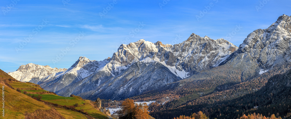Swiss Alps mountain peaks in the Lower Engadin in Canton Grisons: Piz Ajuez, Piz Lischana, Piz San Jon Dadora and connecting mountain chains