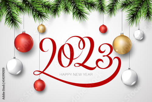 happy new year background 2023 with lettering numbers, handwritten style and green christmas tree