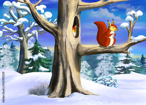 Squirrel in the winter forest illustration